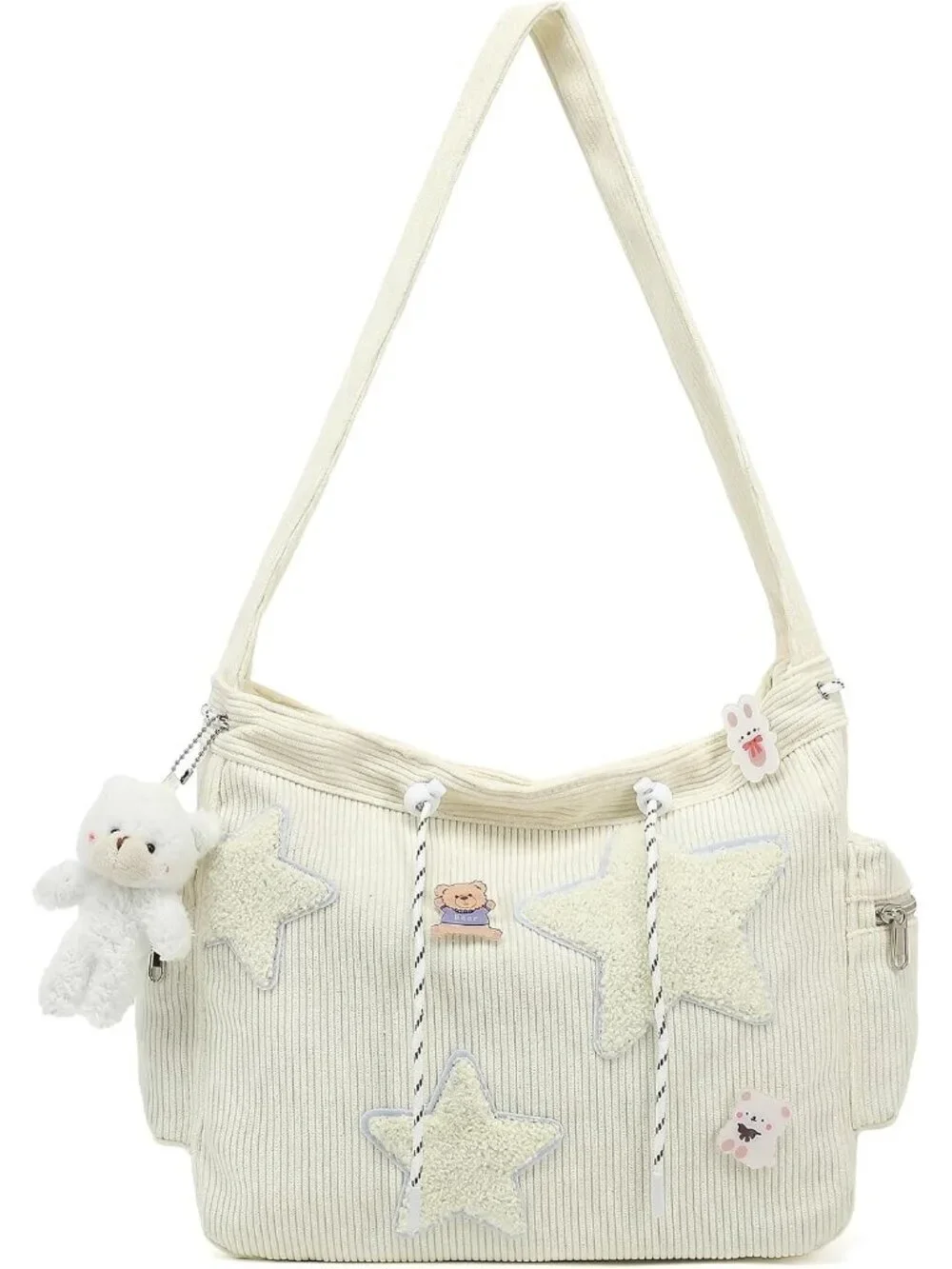 Women's White Zipper Kawaii Corduroy Star Crossbody Shoulder Purse
